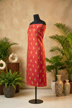 Vibrant Red Chanderi Unstitched Suit Set with Golden Paisley Motifs