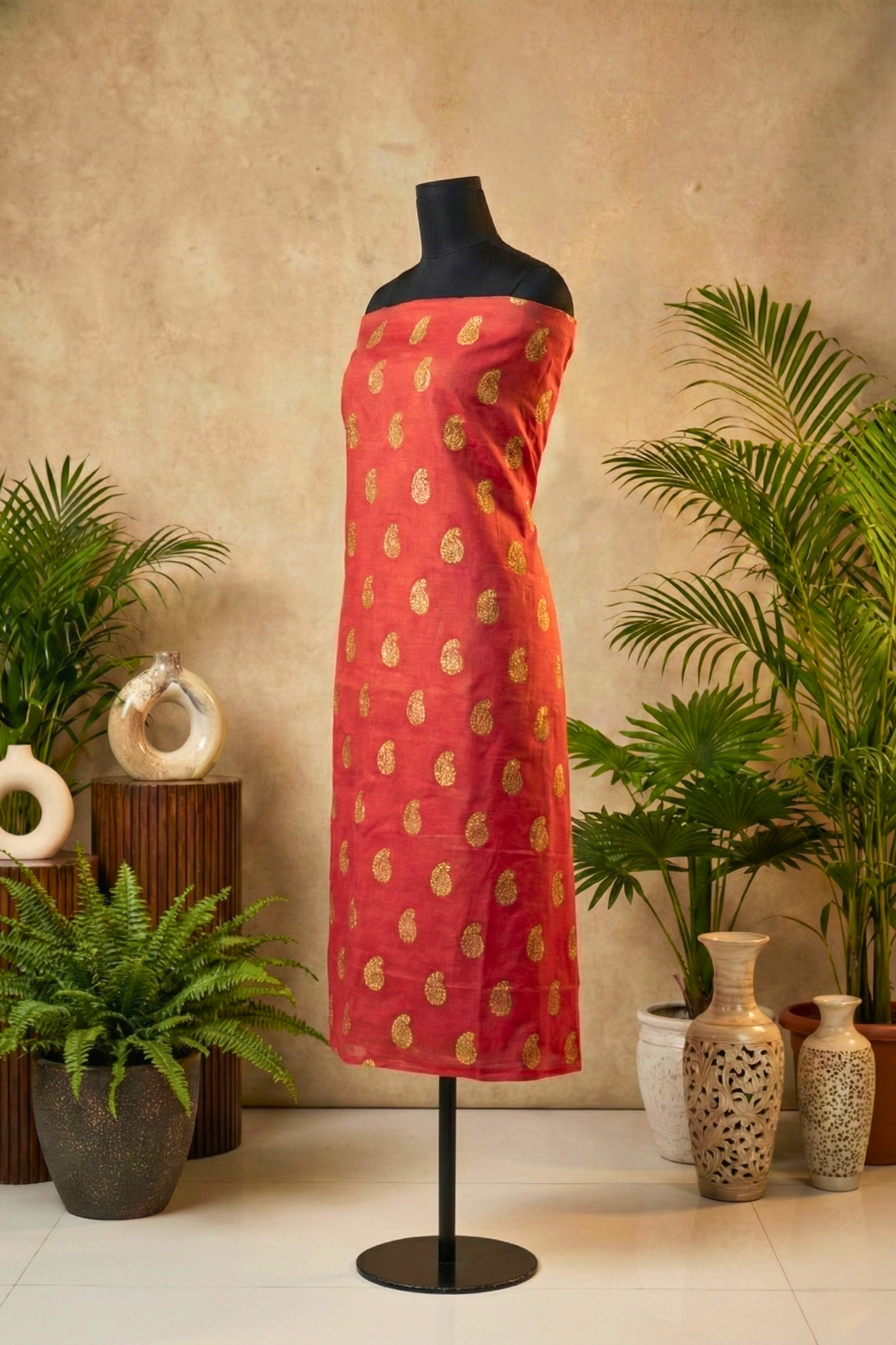 Vibrant Red Chanderi Unstitched Suit Set with Golden Paisley Motifs