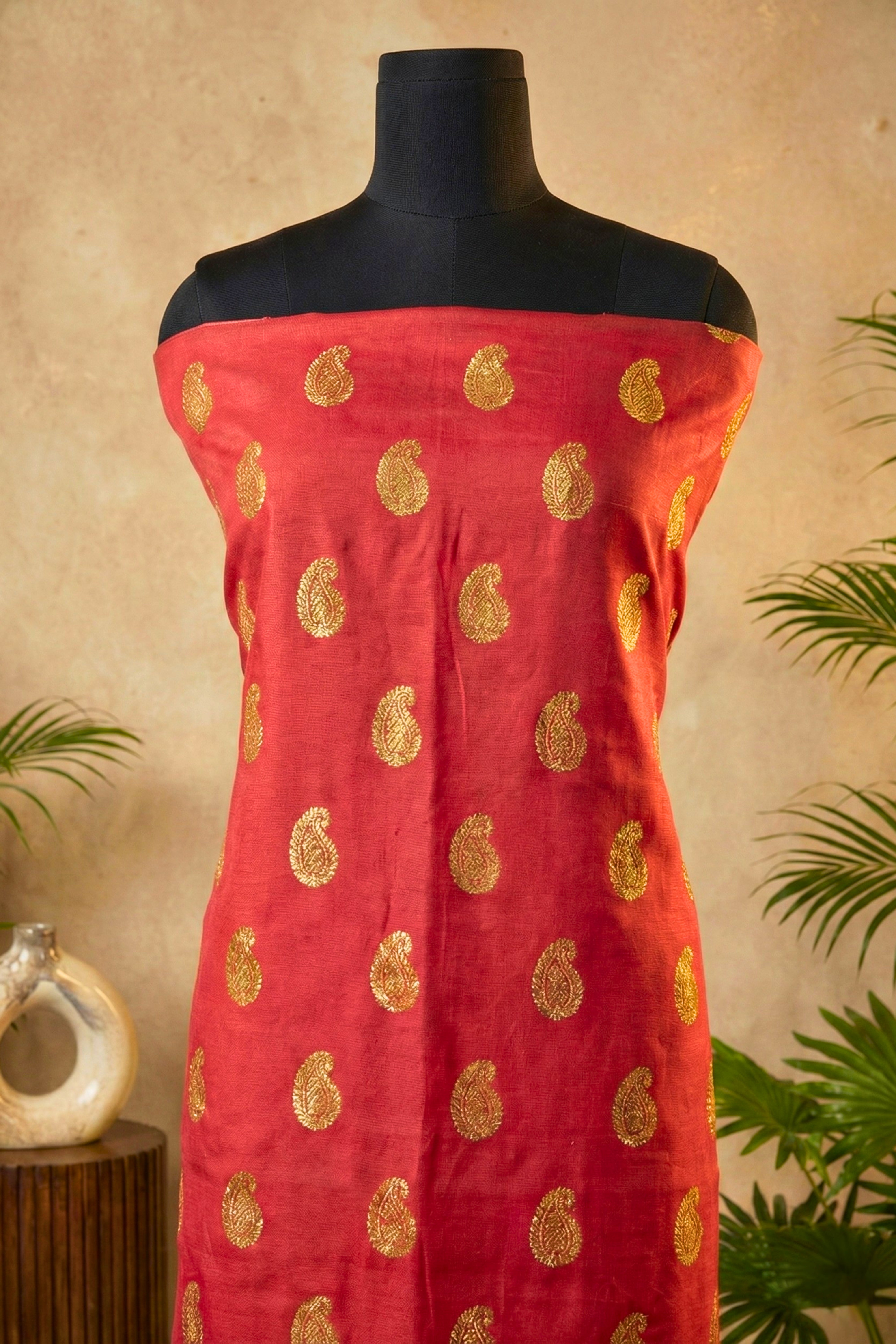 Vibrant Red Chanderi Unstitched Suit Set with Golden Paisley Motifs