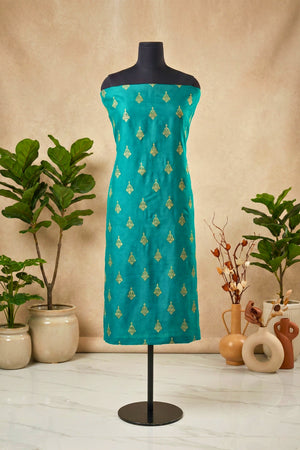 Teal Green Chanderi Unstitched Suit Set with Gold Motifs