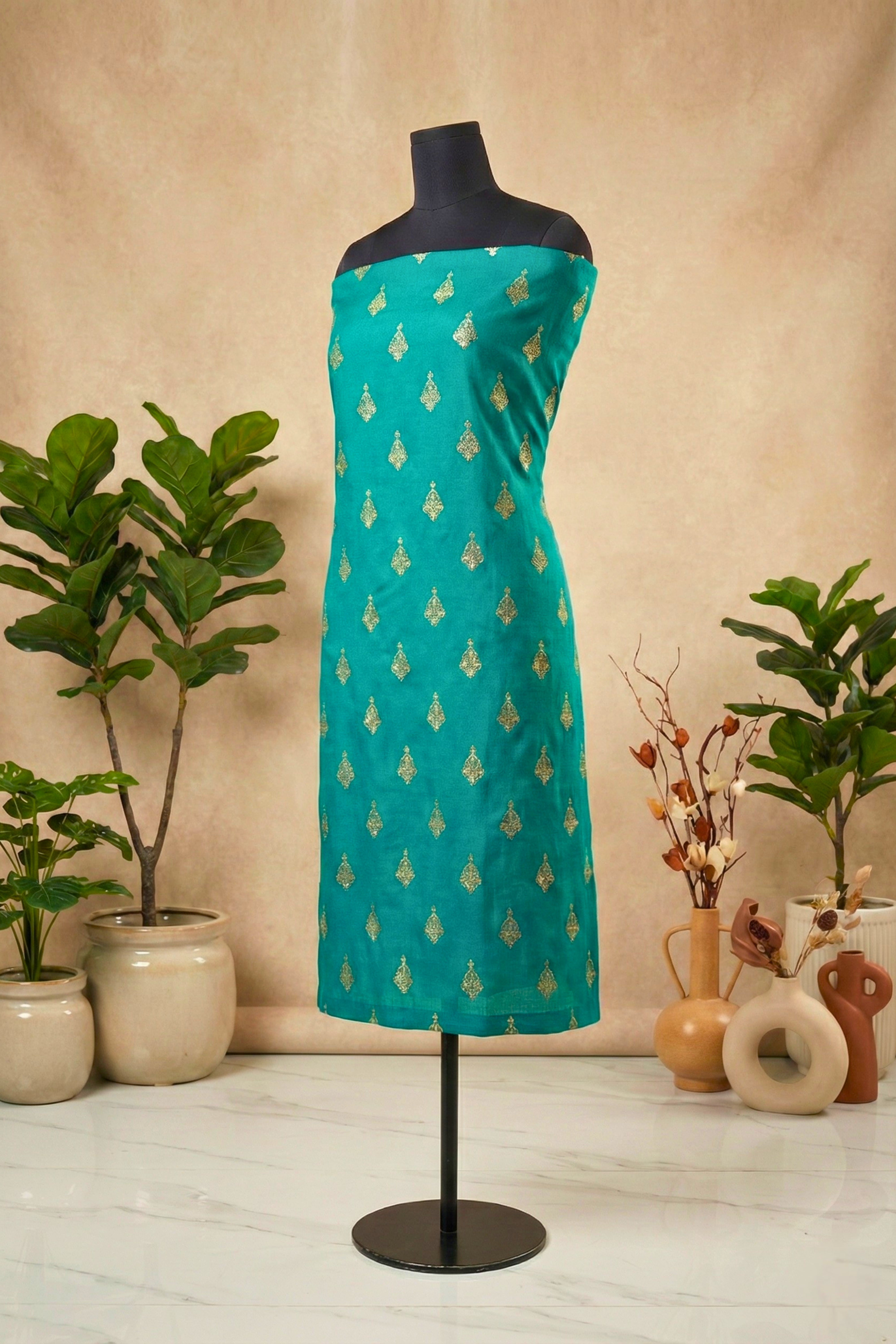 Teal Green Chanderi Unstitched Suit Set with Gold Motifs