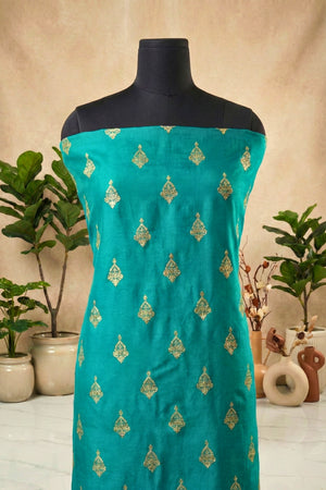 Teal Green Chanderi Unstitched Suit Set with Gold Motifs