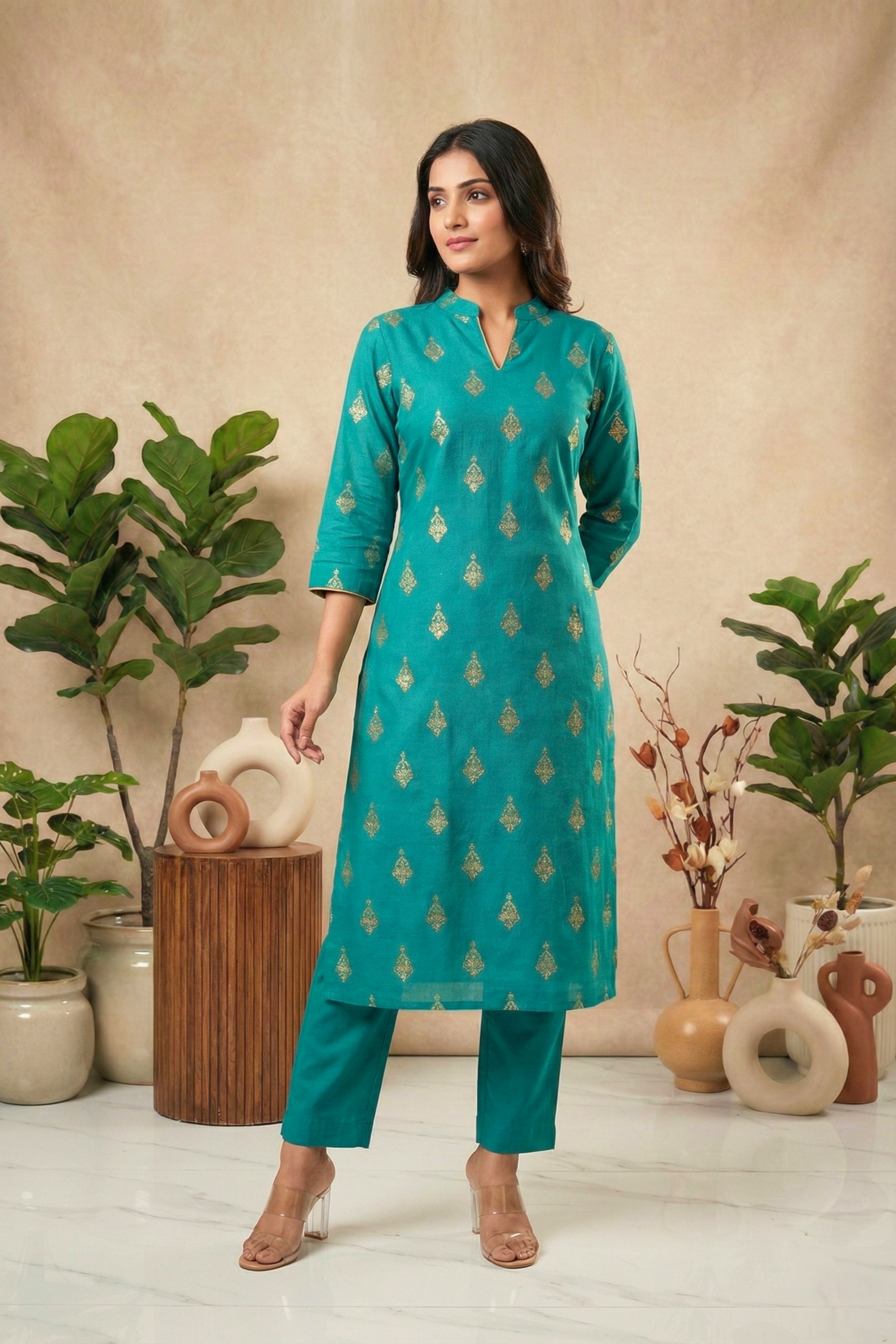 Teal Green Chanderi Unstitched Suit Set with Gold Motifs