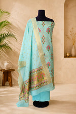 Aqua Blue Chanderi Resham Weave Unstitched Suit Set with Kantha Dupatta by Label Tamanna