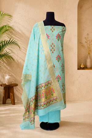 Aqua Blue Chanderi Resham Weave Unstitched Suit Set with Kantha Dupatta by Label Tamanna