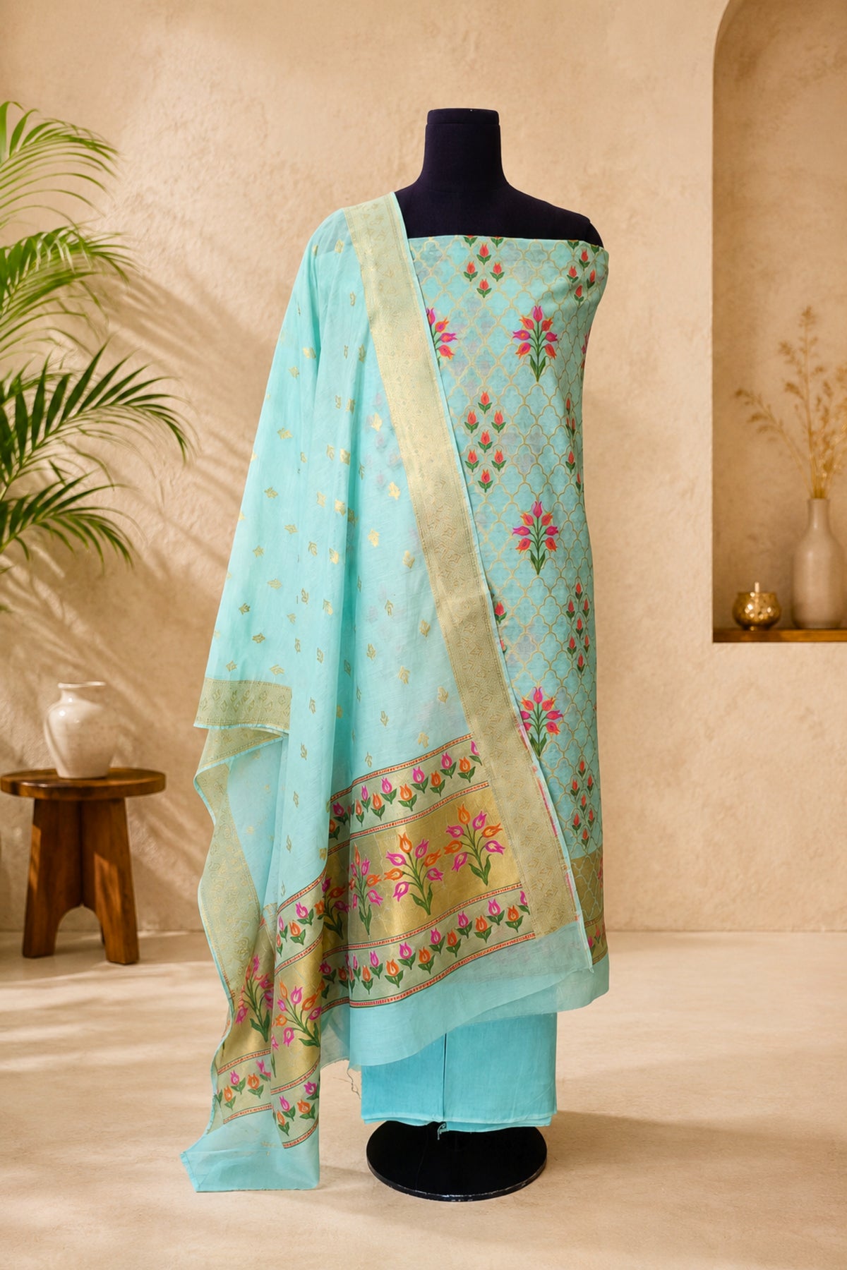 Aqua Blue Chanderi Resham Weave Unstitched Suit Set with Kantha Dupatta by Label Tamanna