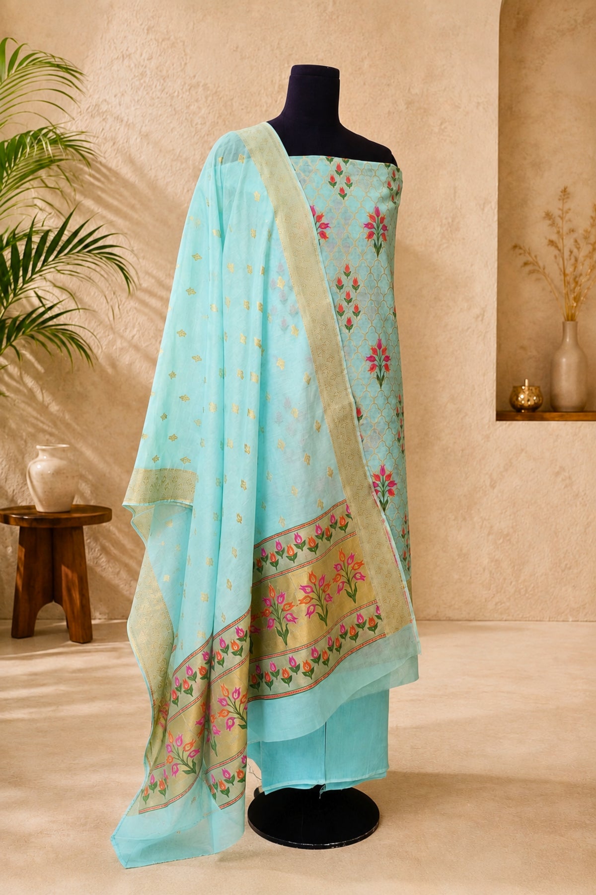 Aqua Blue Chanderi Resham Weave Unstitched Suit Set with Kantha Dupatta by Label Tamanna