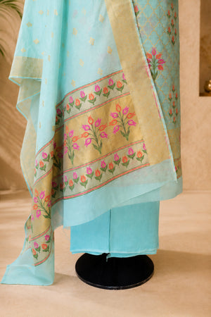 Aqua Blue Chanderi Resham Weave Unstitched Suit Set with Kantha Dupatta by Label Tamanna