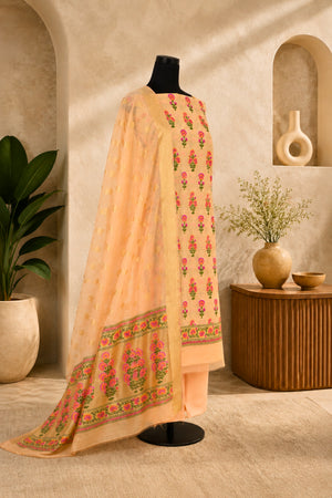 Soft Peach Chanderi Resham Weave Unstitched Suit Set by Label Tamanna