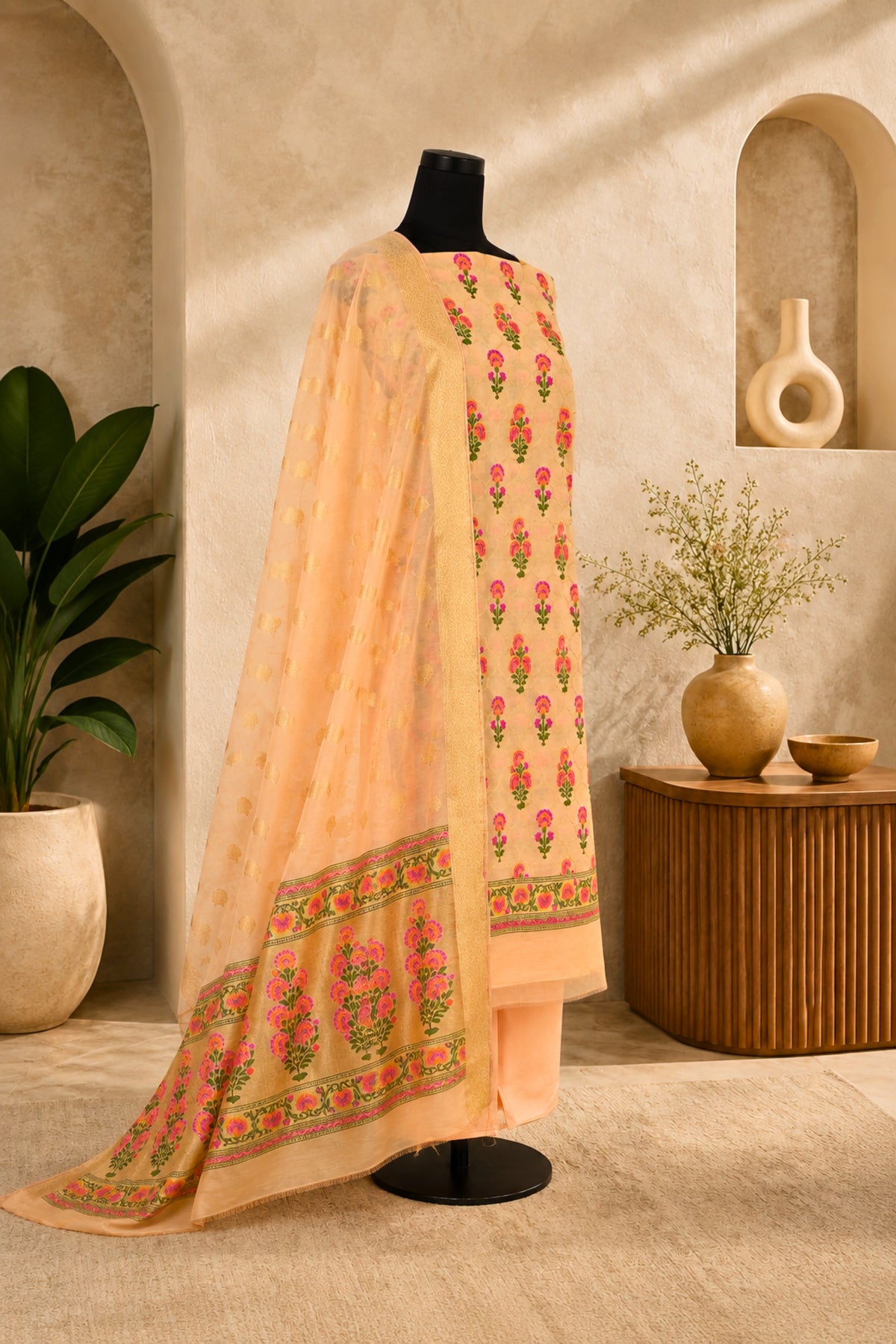 Soft Peach Chanderi Resham Weave Unstitched Suit Set by Label Tamanna