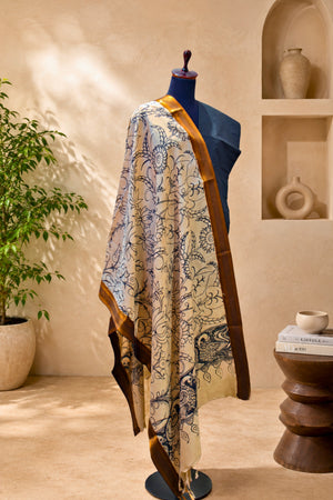 Black Crepe Silk Unstitched Suit Set with Kalamkari Print Dupatta by Label Tamanna