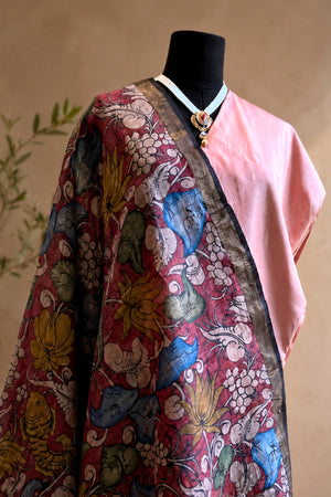 Soft Pink Silk Unstitched Suit Set with Vibrant Kalamkari Print Dupatta by Label Tamanna