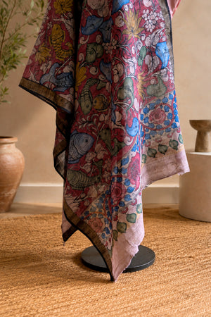 Soft Pink Silk Unstitched Suit Set with Vibrant Kalamkari Print Dupatta by Label Tamanna