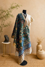 Beige Silk Unstitched Suit Set with Forest Green Kalamkari Dupatta by Label Tamanna