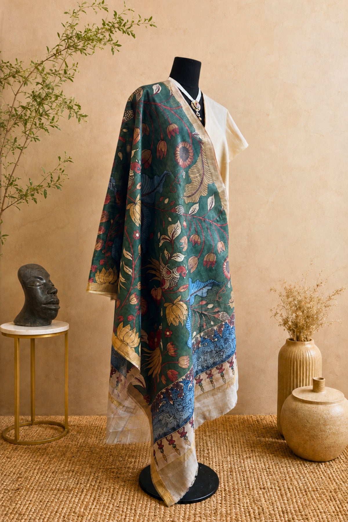 Beige Silk Unstitched Suit Set with Forest Green Kalamkari Dupatta by Label Tamanna
