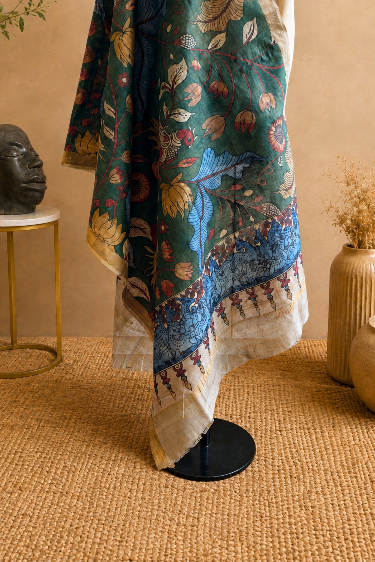 Beige Silk Unstitched Suit Set with Forest Green Kalamkari Dupatta by Label Tamanna