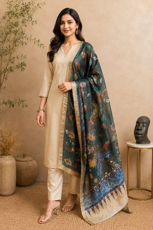 Beige Silk Unstitched Suit Set with Forest Green Kalamkari Dupatta by Label Tamanna
