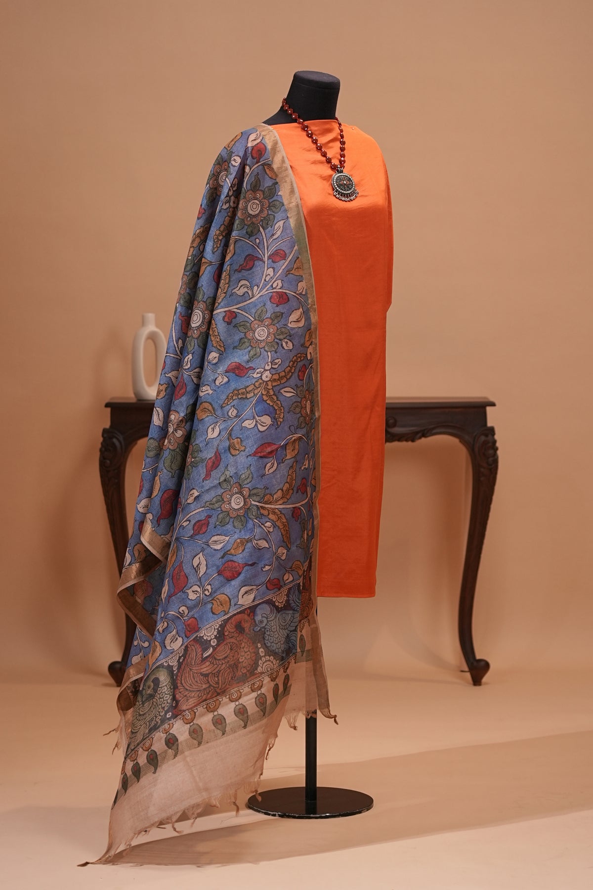 Orange Pure Silk Unstitched Suit with Ink Blue Kalamkari Printed Dupatta