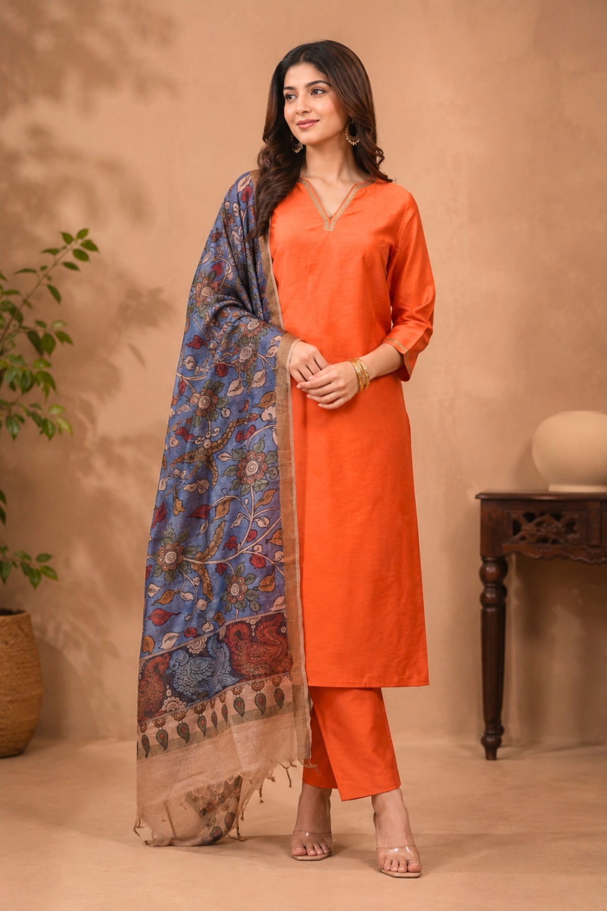Orange Pure Silk Unstitched Suit with Ink Blue Kalamkari Printed Dupatta