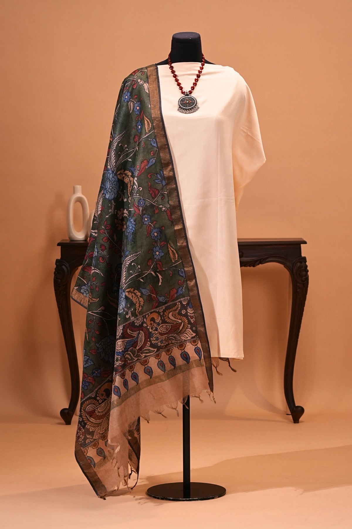 Off-White Silk Unstitched Suit Set with Emerald Green Kalamkari Dupatta by Label Tamanna