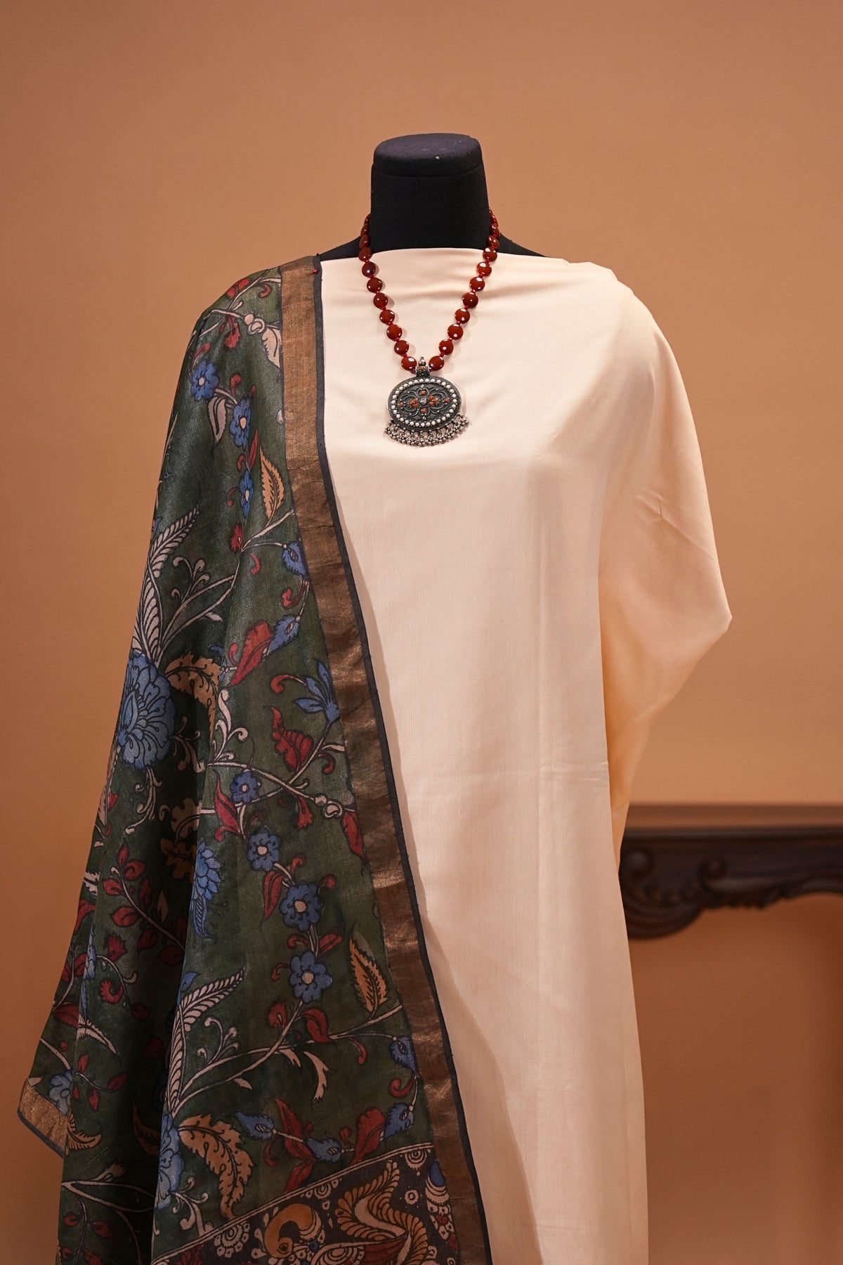 Off-White Silk Unstitched Suit Set with Emerald Green Kalamkari Dupatta by Label Tamanna