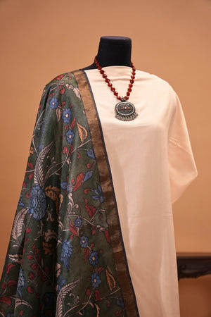 Off-White Silk Unstitched Suit Set with Emerald Green Kalamkari Dupatta by Label Tamanna