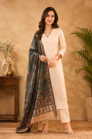 Off-White Silk Unstitched Suit Set with Emerald Green Kalamkari Dupatta by Label Tamanna
