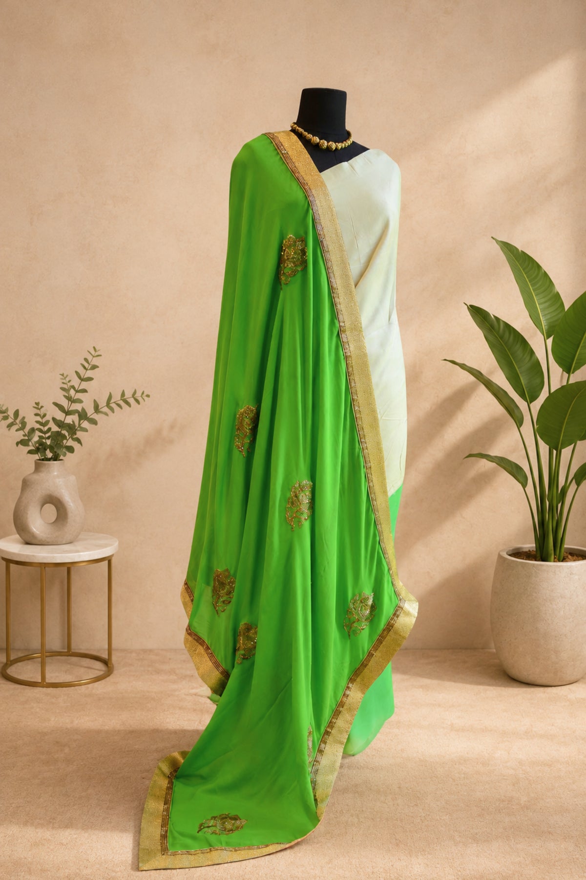 Cream & Green Crepe Unstitched Suit Set with Georgette Dupatta by Label Tamanna