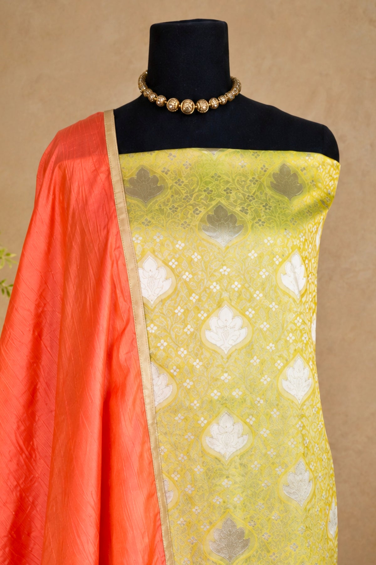 Parrot Green and Orange Banarasi Silk Unstitched Suit Set by Label Tamanna