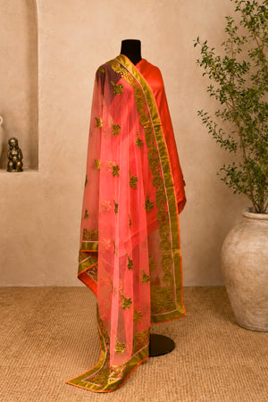 Coral Pink Tabby Silk Unstitched Suit Set with Embroidered Net Dupatta by Label Tamanna