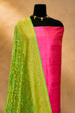 Fuchsia Pink Raw Silk Unstitched Suit Set with Green Banarasi Bandhani Dupatta by Label Tamanna