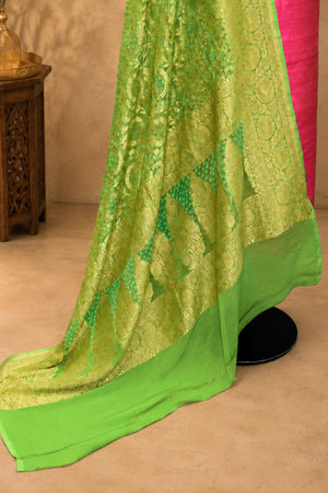 Fuchsia Pink Raw Silk Unstitched Suit Set with Green Banarasi Bandhani Dupatta by Label Tamanna
