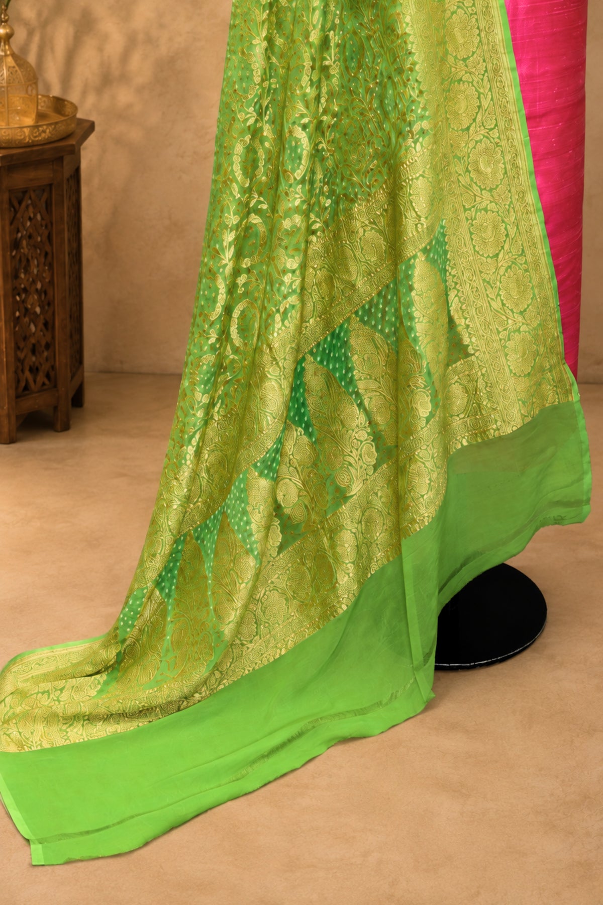 Fuchsia Pink Raw Silk Unstitched Suit Set with Green Banarasi Bandhani Dupatta by Label Tamanna