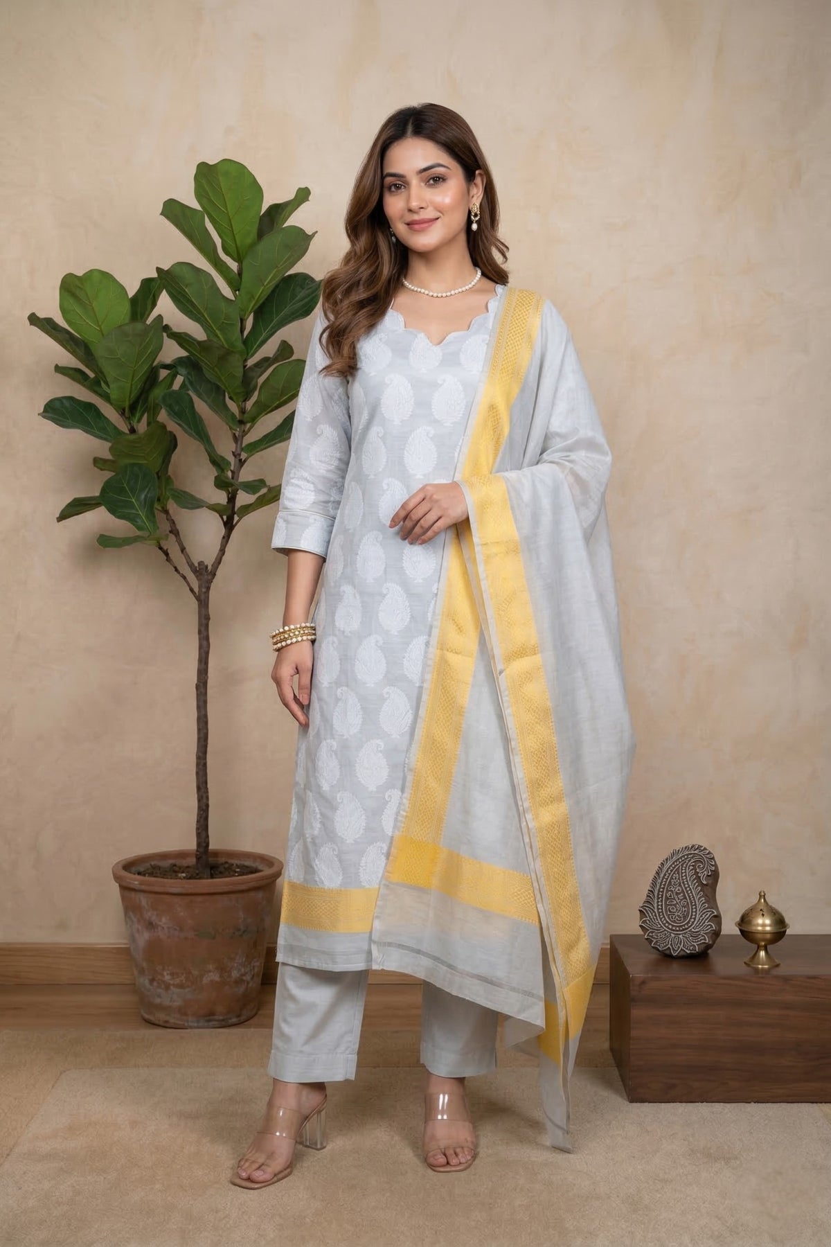 Light Grey Pure Chanderi Unstitched Suit Set with Yellow Accent by Label Tamanna