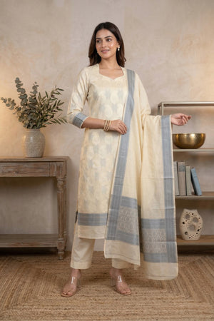 Beige Pure Chanderi Unstitched Suit Set with Grey Accents