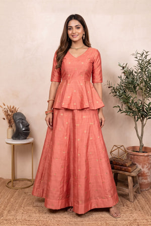 Elegant Coral Pink Chiniya Silk Unstitched Dress Material