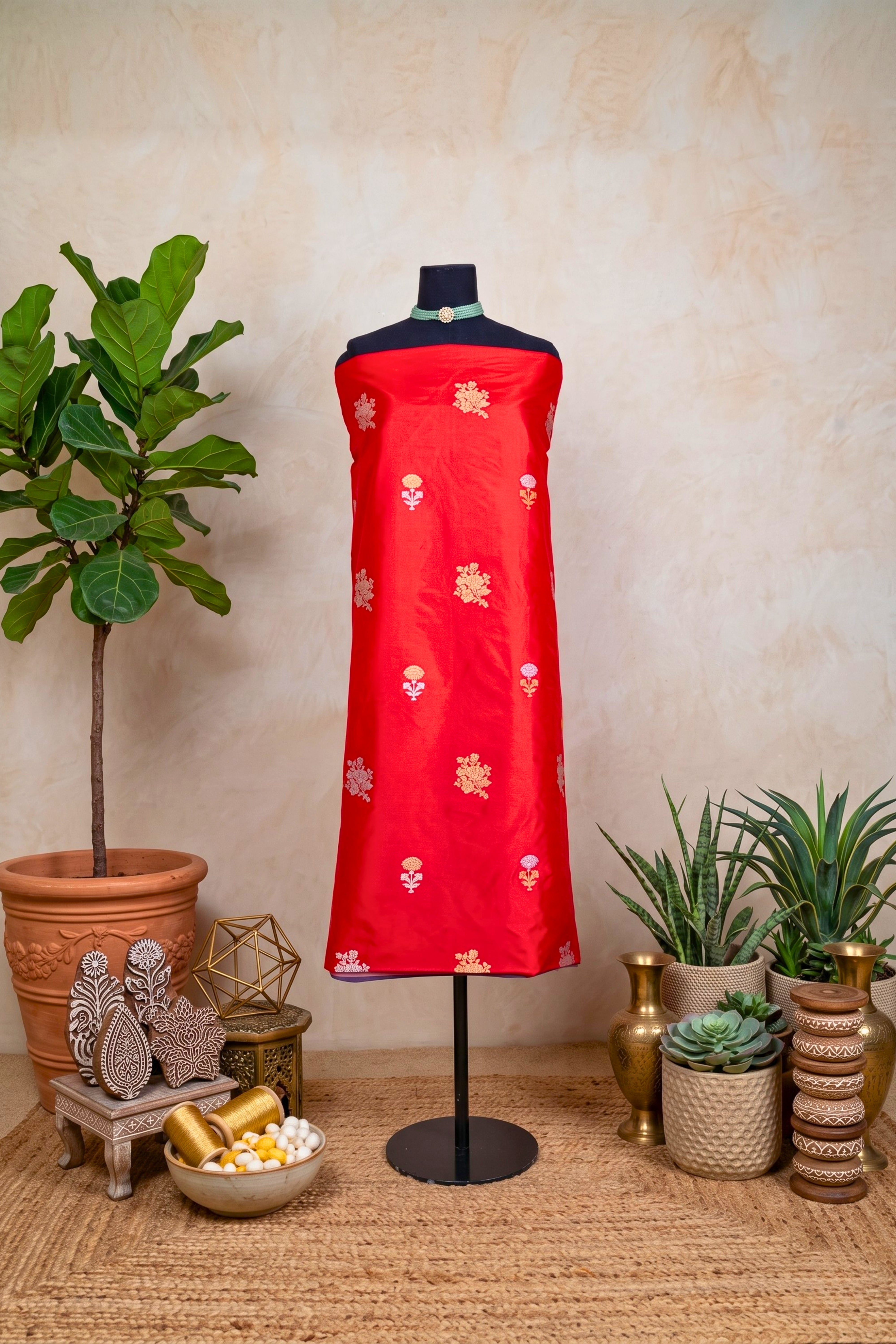 Luxurious Red Banarasi Silk Unstitched Dress Material