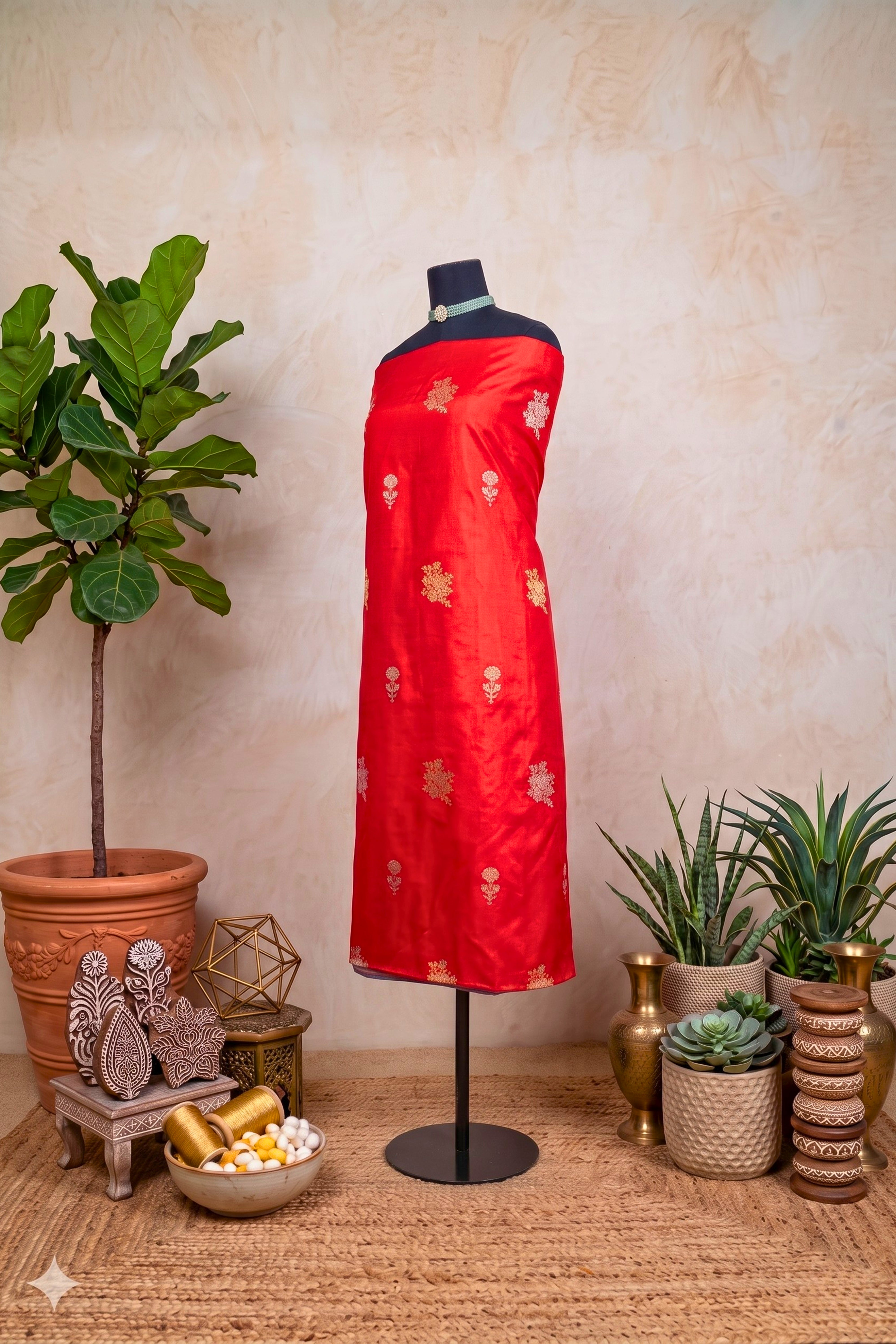 Luxurious Red Banarasi Silk Unstitched Dress Material