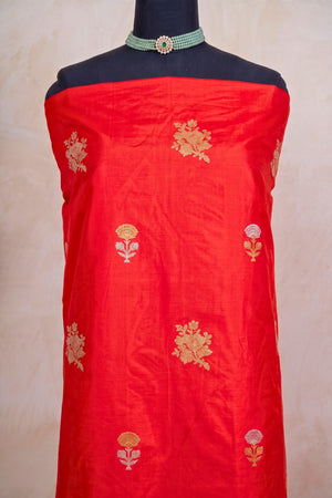 Luxurious Red Banarasi Silk Unstitched Dress Material
