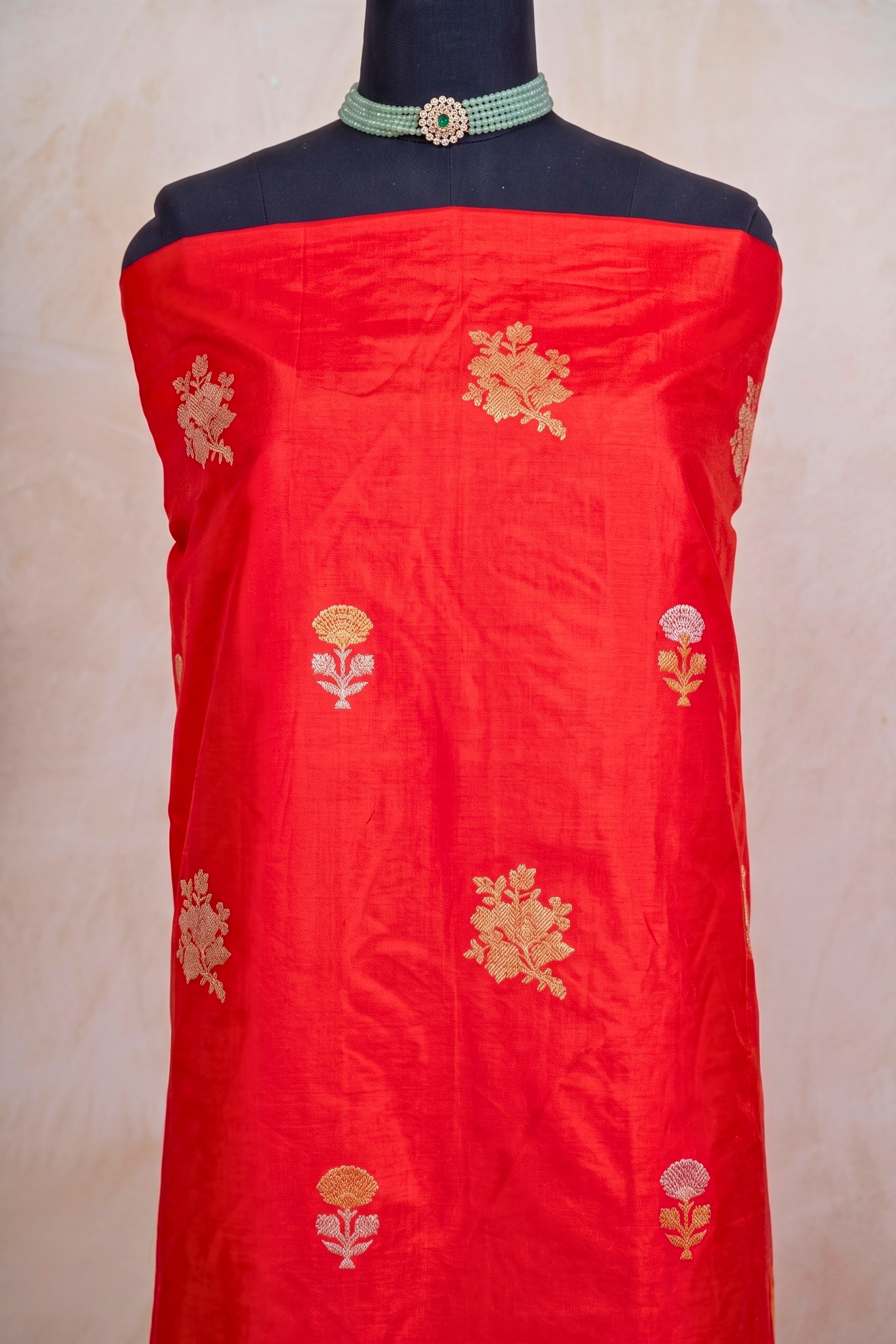 Luxurious Red Banarasi Silk Unstitched Dress Material