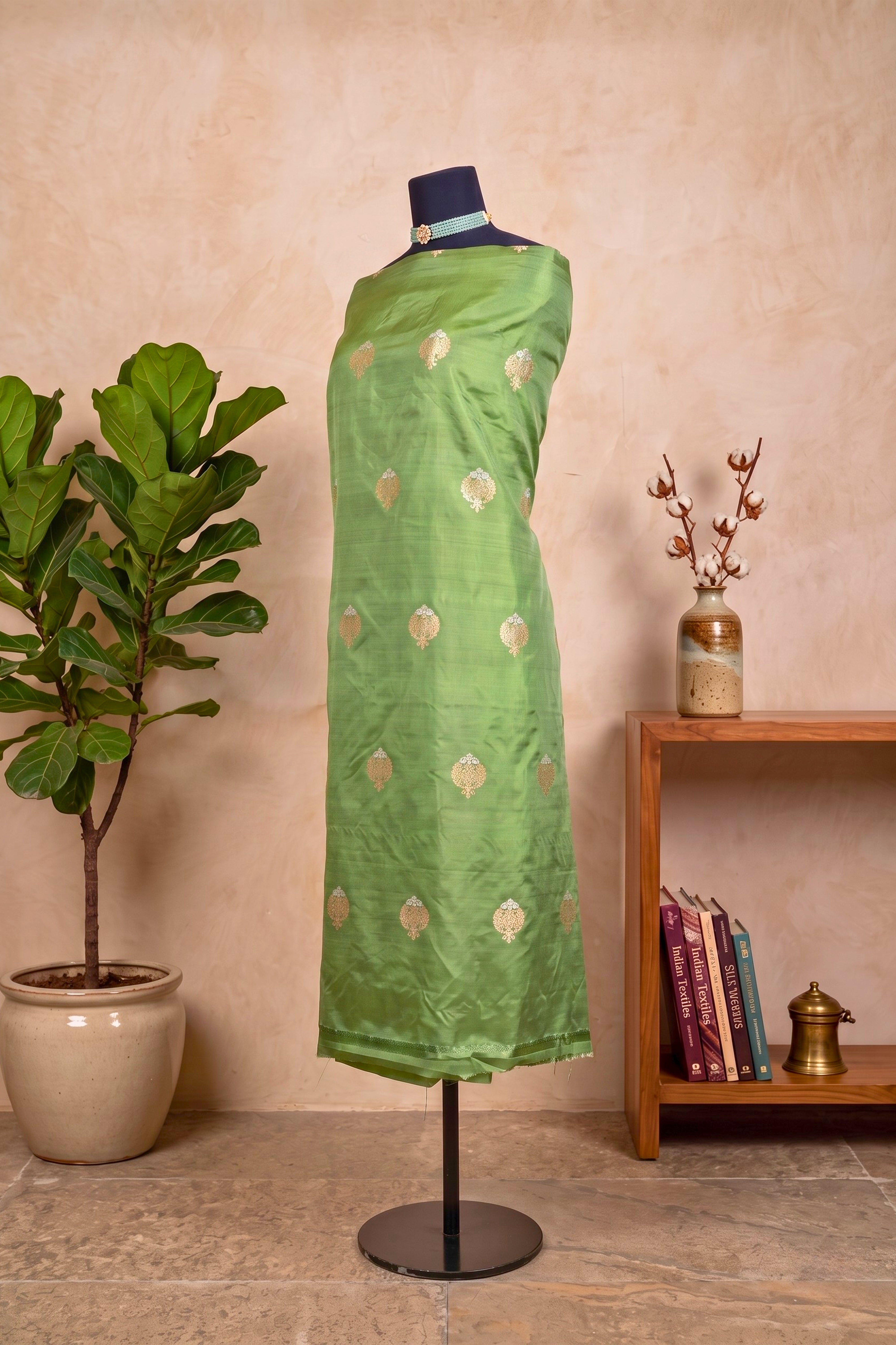 Elegant Mehendi Green Banarasi Silk Unstitched Dress Material
