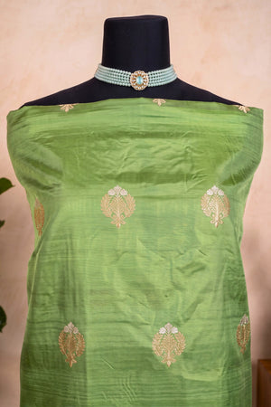 Elegant Mehendi Green Banarasi Silk Unstitched Dress Material