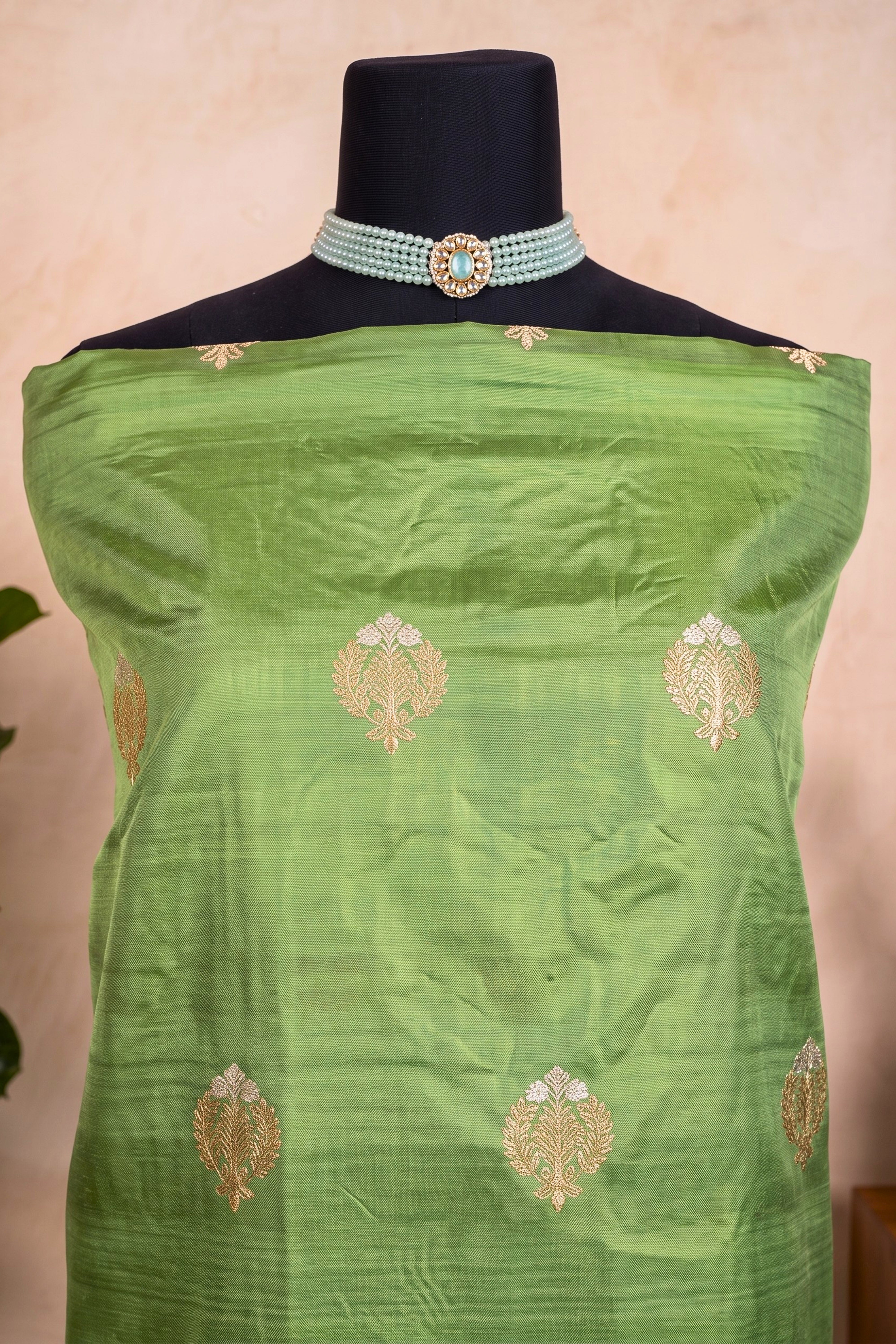Elegant Mehendi Green Banarasi Silk Unstitched Dress Material