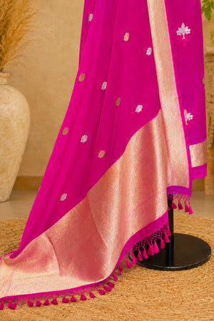 Magenta Banarasi Chiffon Khaddi Weave Unstitched Suit Set by Label Tamanna