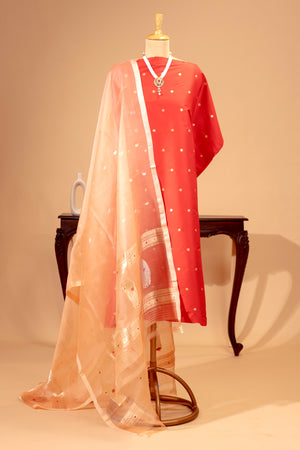 Red Silk Unstitched Suit Set with Peach Organza Dupatta by Label Tamanna