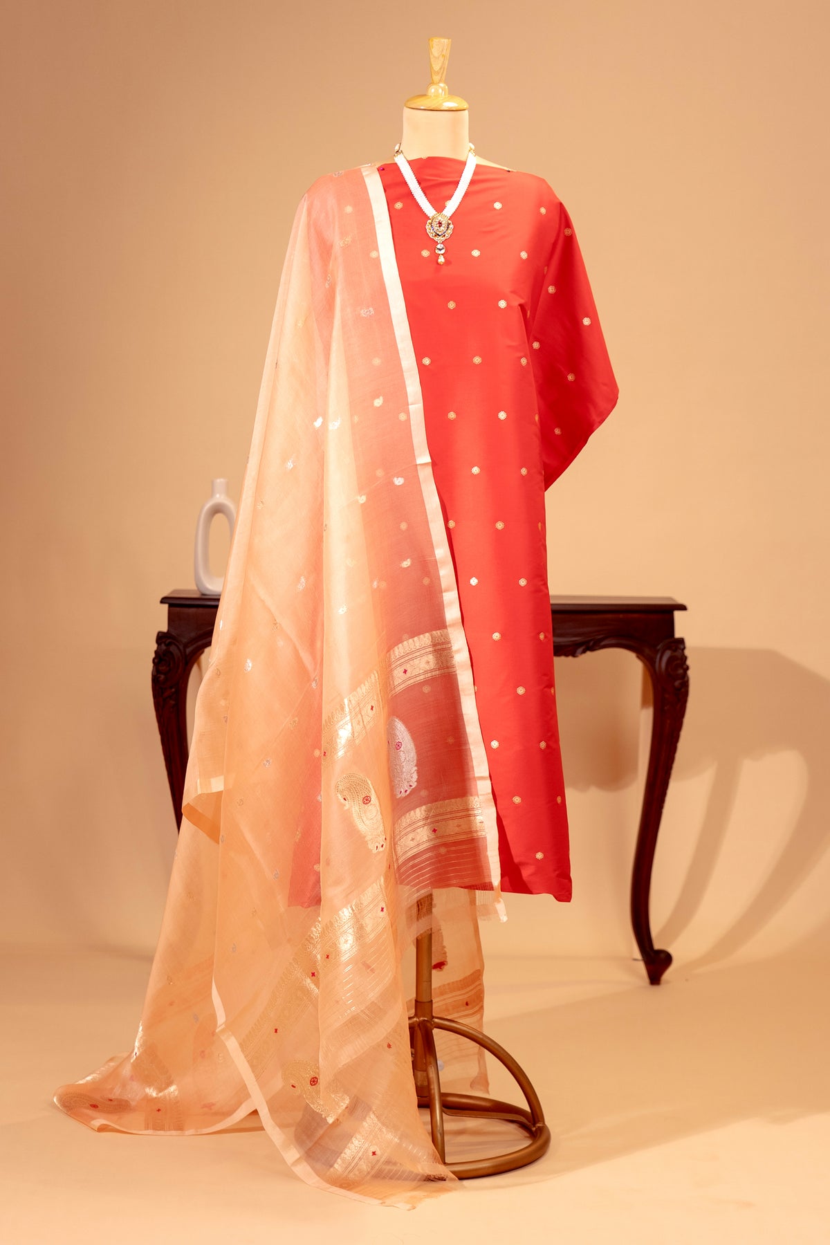 Red Silk Unstitched Suit Set with Peach Organza Dupatta by Label Tamanna