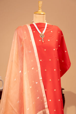 Red Silk Unstitched Suit Set with Peach Organza Dupatta by Label Tamanna