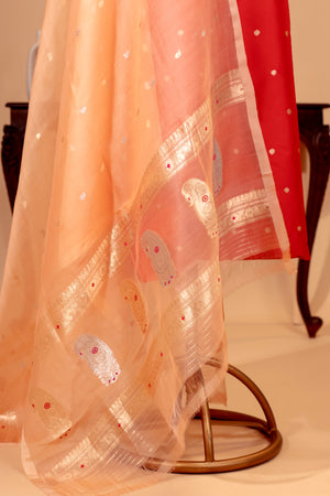 Red Silk Unstitched Suit Set with Peach Organza Dupatta by Label Tamanna