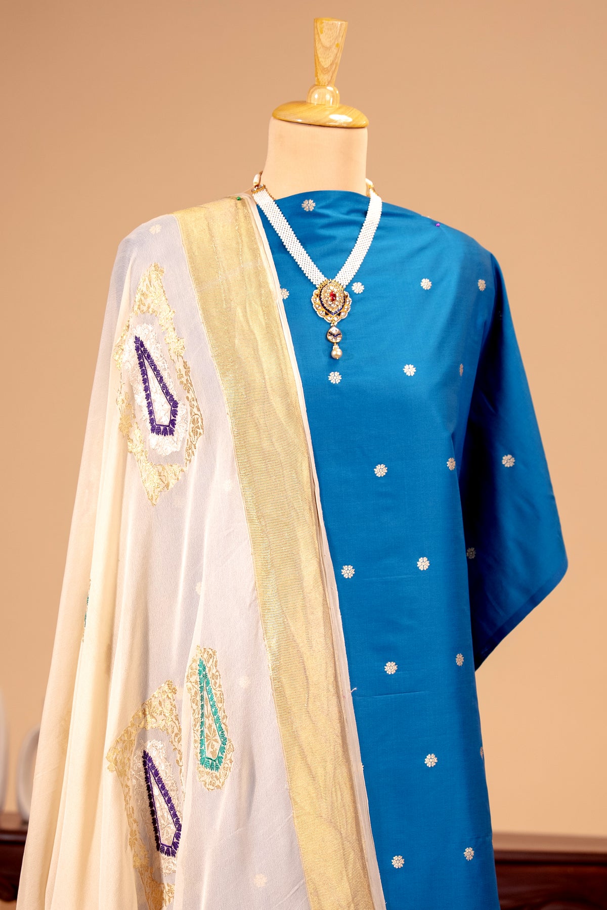 Sapphire Blue Silk Unstitched Suit Set with Banarasi Georgette Dupatta | Label Tamanna