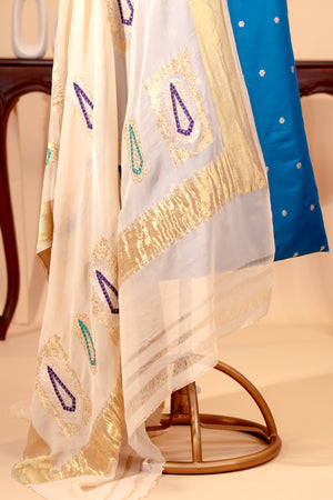 Sapphire Blue Silk Unstitched Suit Set with Banarasi Georgette Dupatta | Label Tamanna